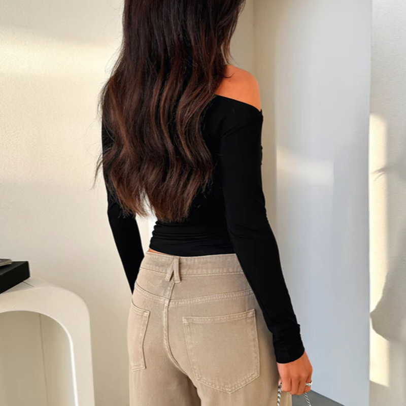Diagonal Neckline Polyester Spandex Top