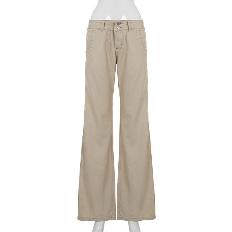 Retro khaki high waisted straight leg jeans for women