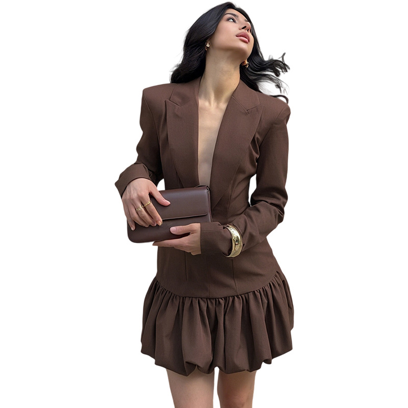 Plunging Neckline Full-Sleeve Tailored High-Waisted Bodycon Polyester Dress