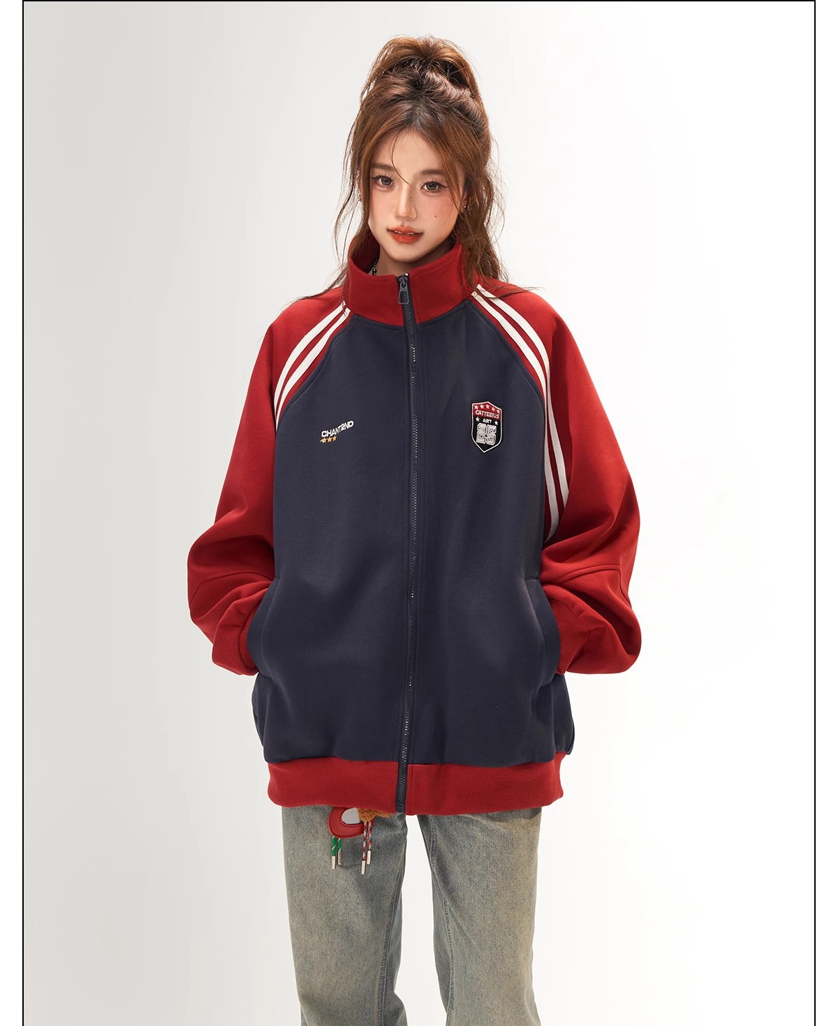 Retro Jacket for Women, High-End Patchwork Raglan Sleeve Hoodie Cardigan, Versatile Stand-Up Collar Top