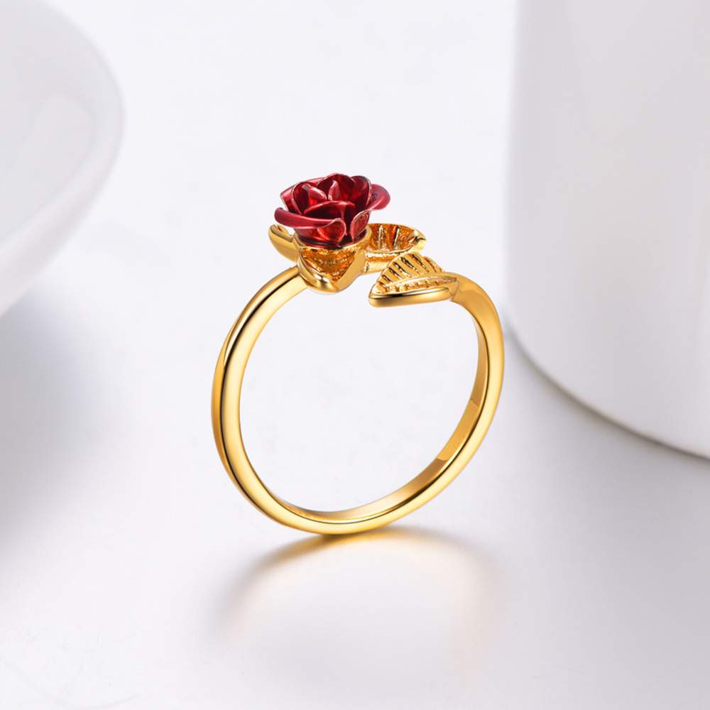U7 Red Rose Garden Flower Leaves Resizable Finger Rings for Women Valentine's Day Gift Jewelry Hot Sale Open Ring R1019
