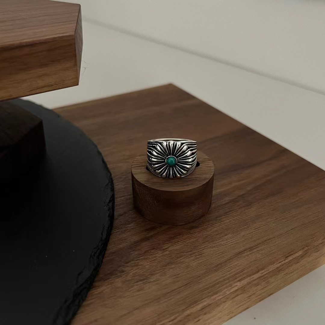 Gujia 925 Sterling Silver Sunflower Sunflower Turquoise Ring Star Matching Mens and Womens Ring Ring Ring
