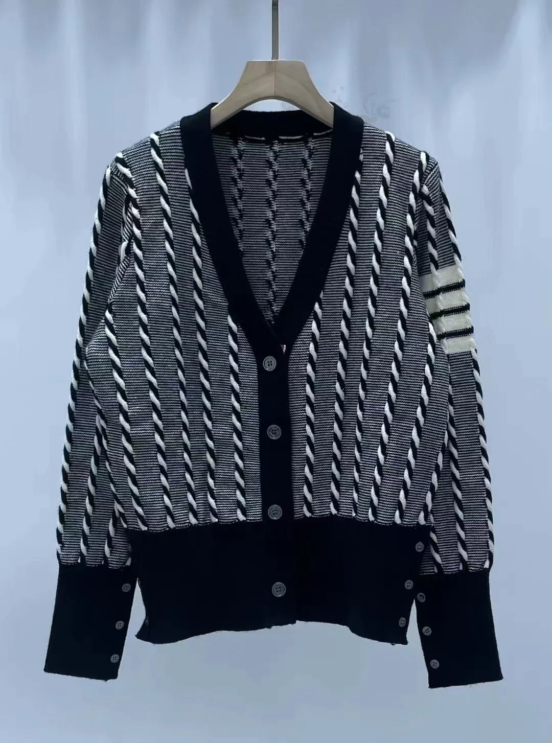 Low Neck Polyester Stripe Button Front Cardigan