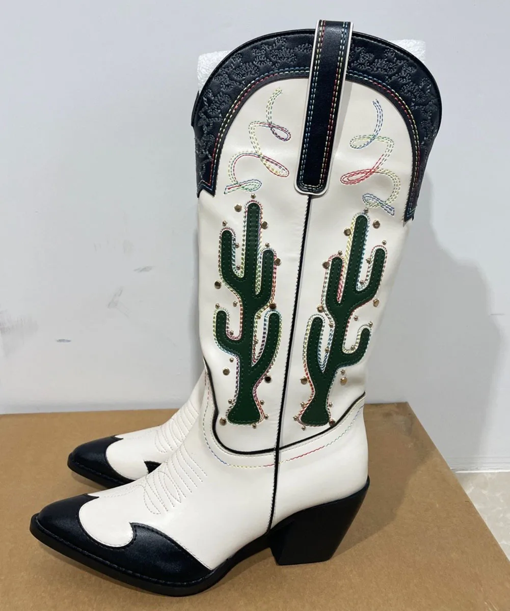 Western Cowboy Mid Calf Women Boots Chunky High Heels Cactus Vintage Cowgirl Long Boots Retro Shoes Woman