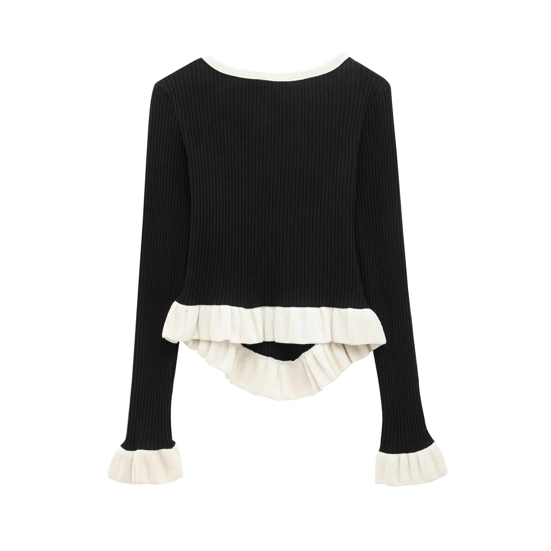 Ladies Solid Long Sleeve Plunge Sweater Tiered Trim