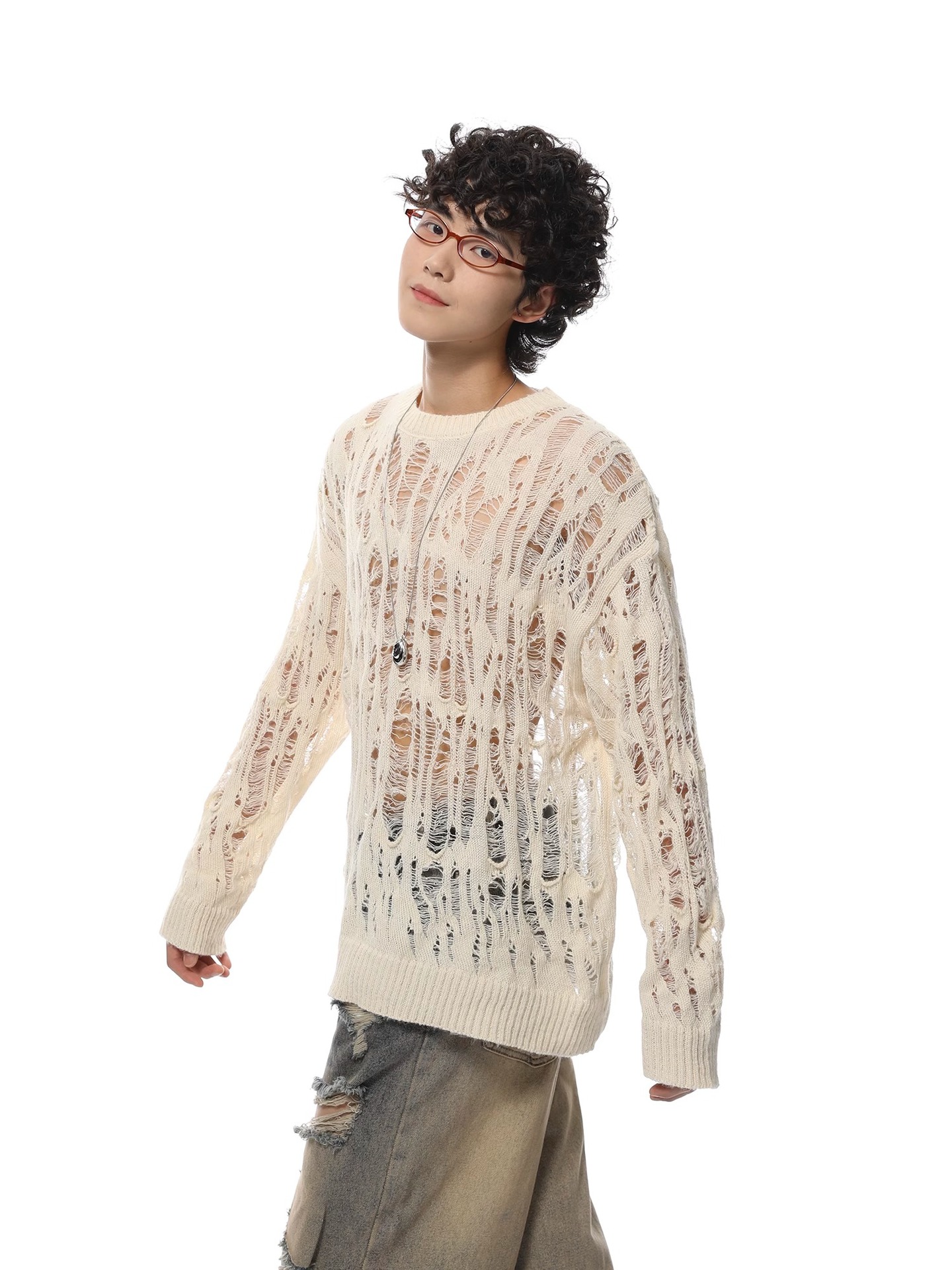 Polyester Open Mesh Crew Neck Sweater