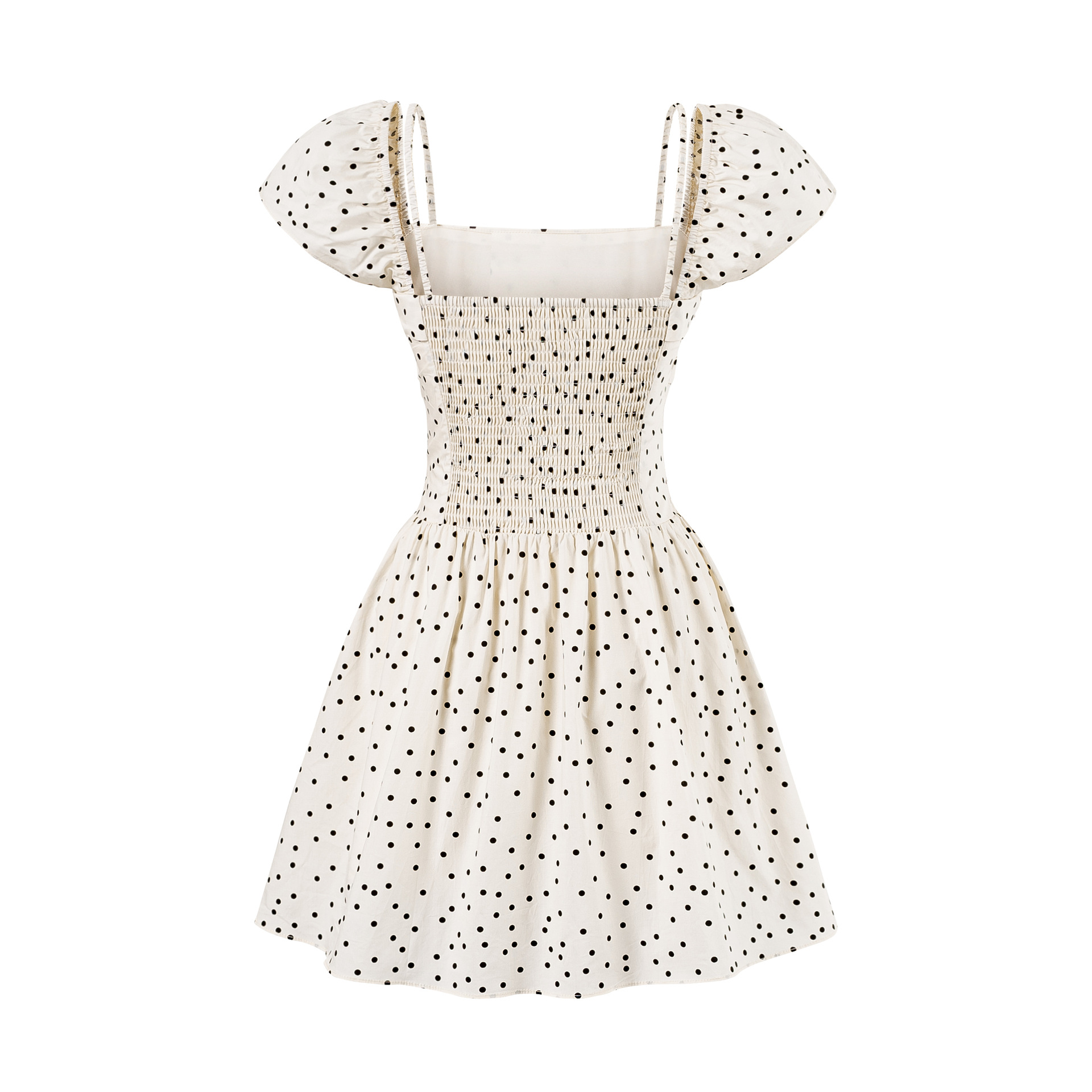 Polka dot pleated waist cinching dress