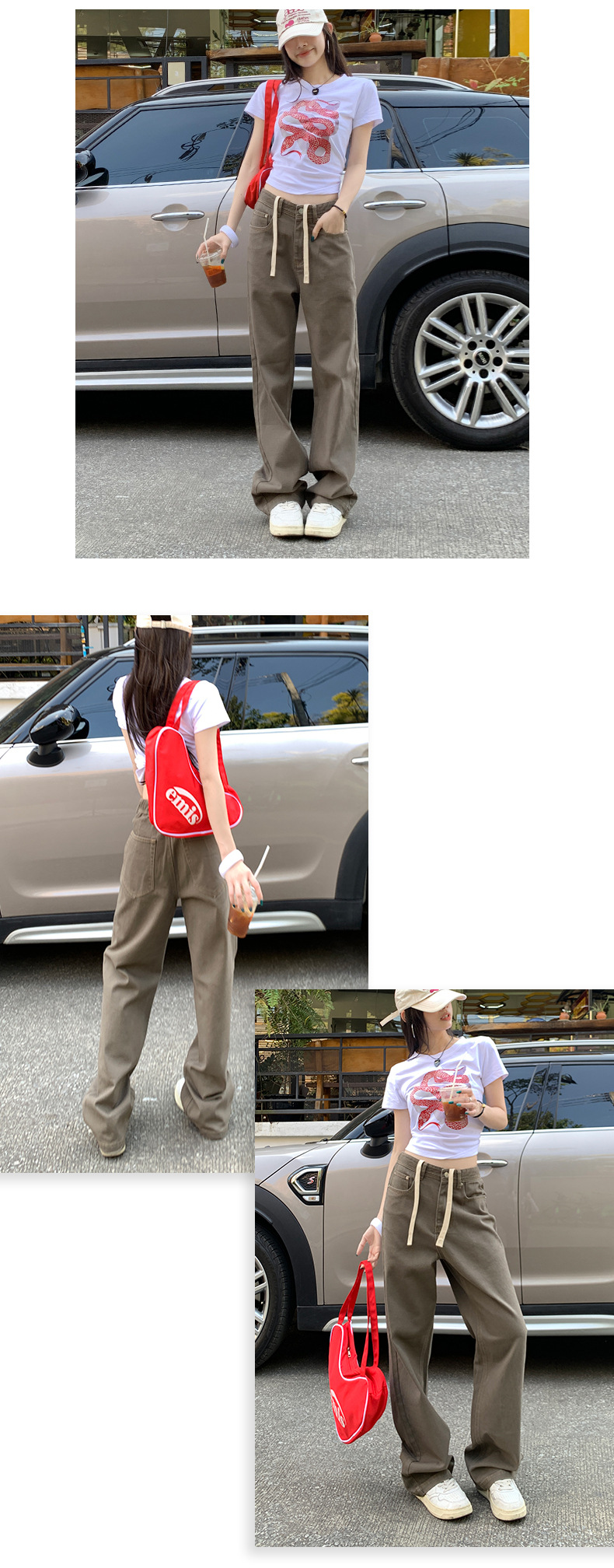 Retro Washed Straight Jeans Women Elastic Waist Versatile Brown High Waist Wide Leg Pants