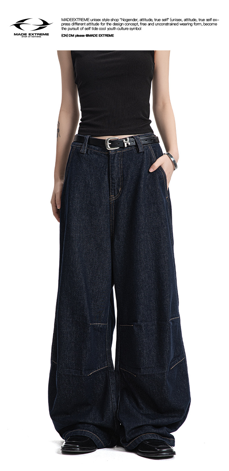 Jeans with Double Knee Tucks Vintage Baggy Deep Blue Denim Pants for Men and Women
