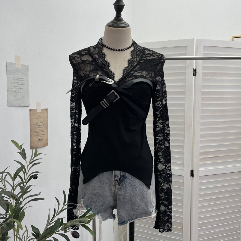 Plunging Wrist-Length Cropped Asymmetric Hem Cinch-Waist Top