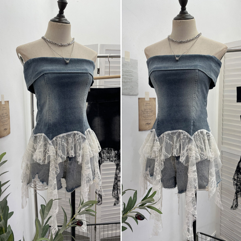 Sexy Asymmetric Denim Crewneck Top