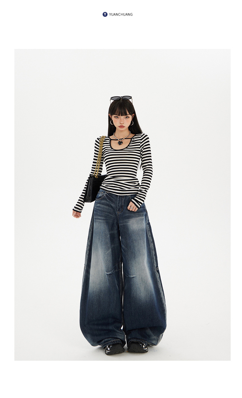 Women's Wide-Leg Jeans Washed Blue Pear-Shaped Slant Pants