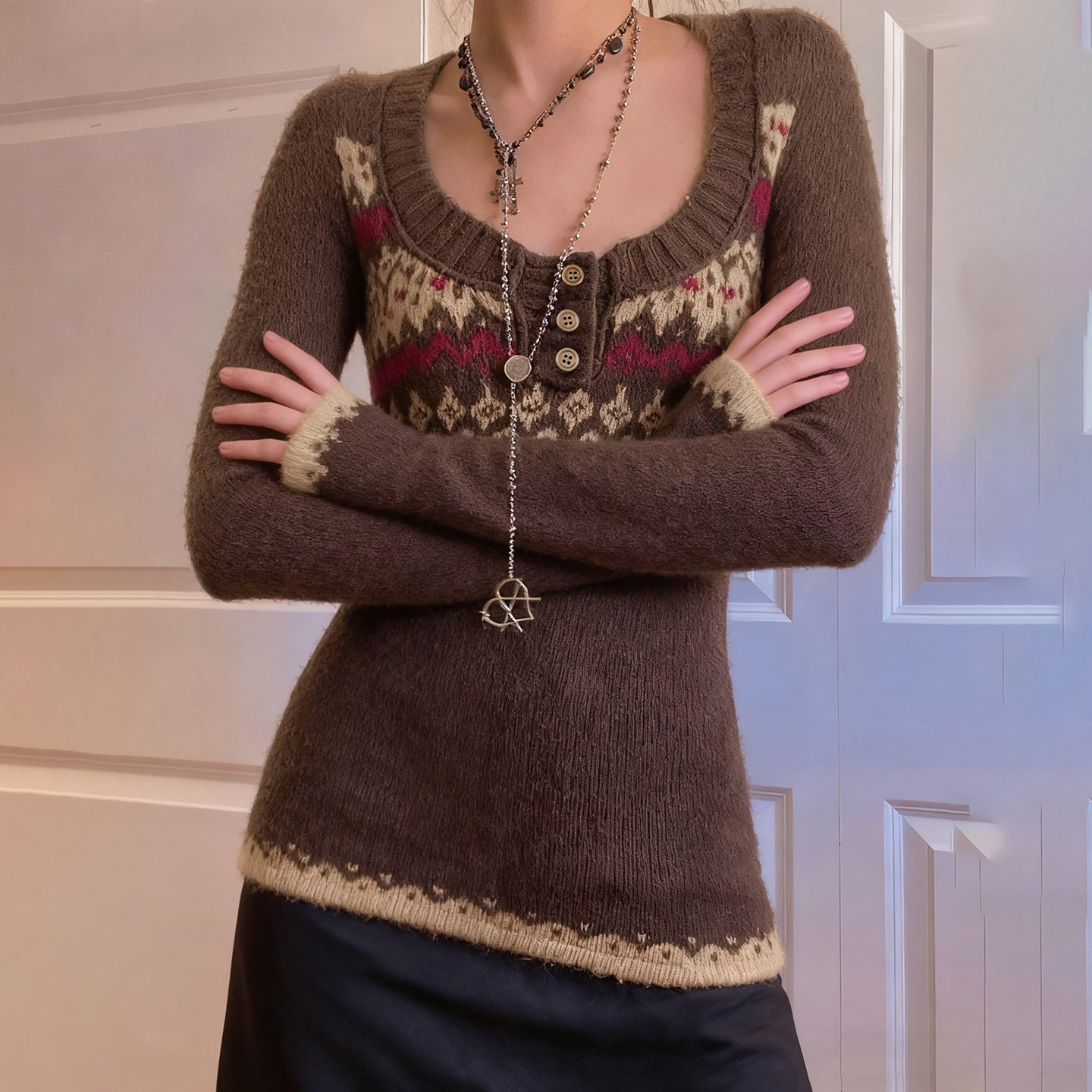 Two-tone Slim Thermal Henley Sweater