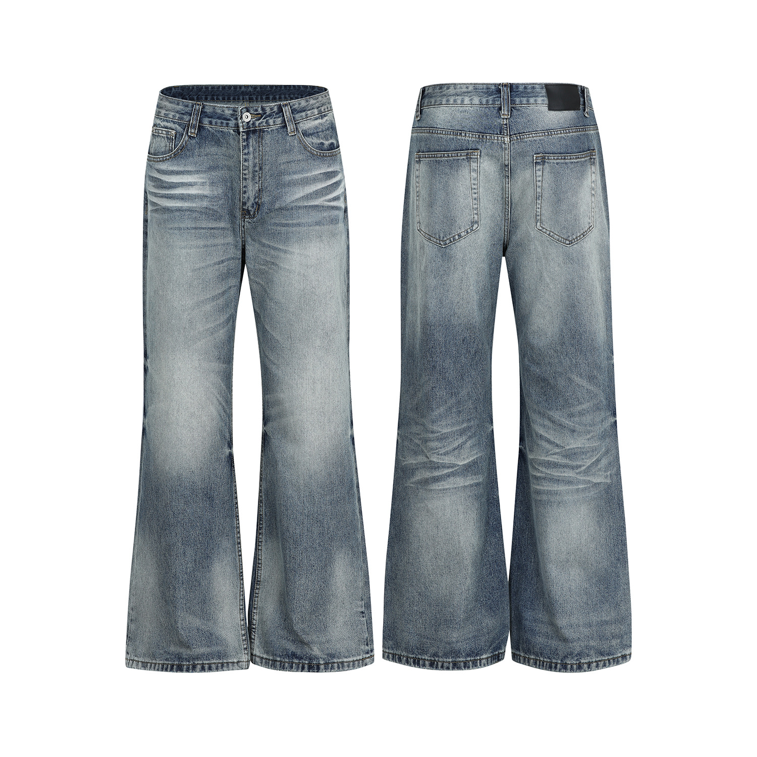 Vintage Street Style Unisex Relaxed Fit Cat-Whisker Pattern Washed Blue Flared Denim Jeans for Men