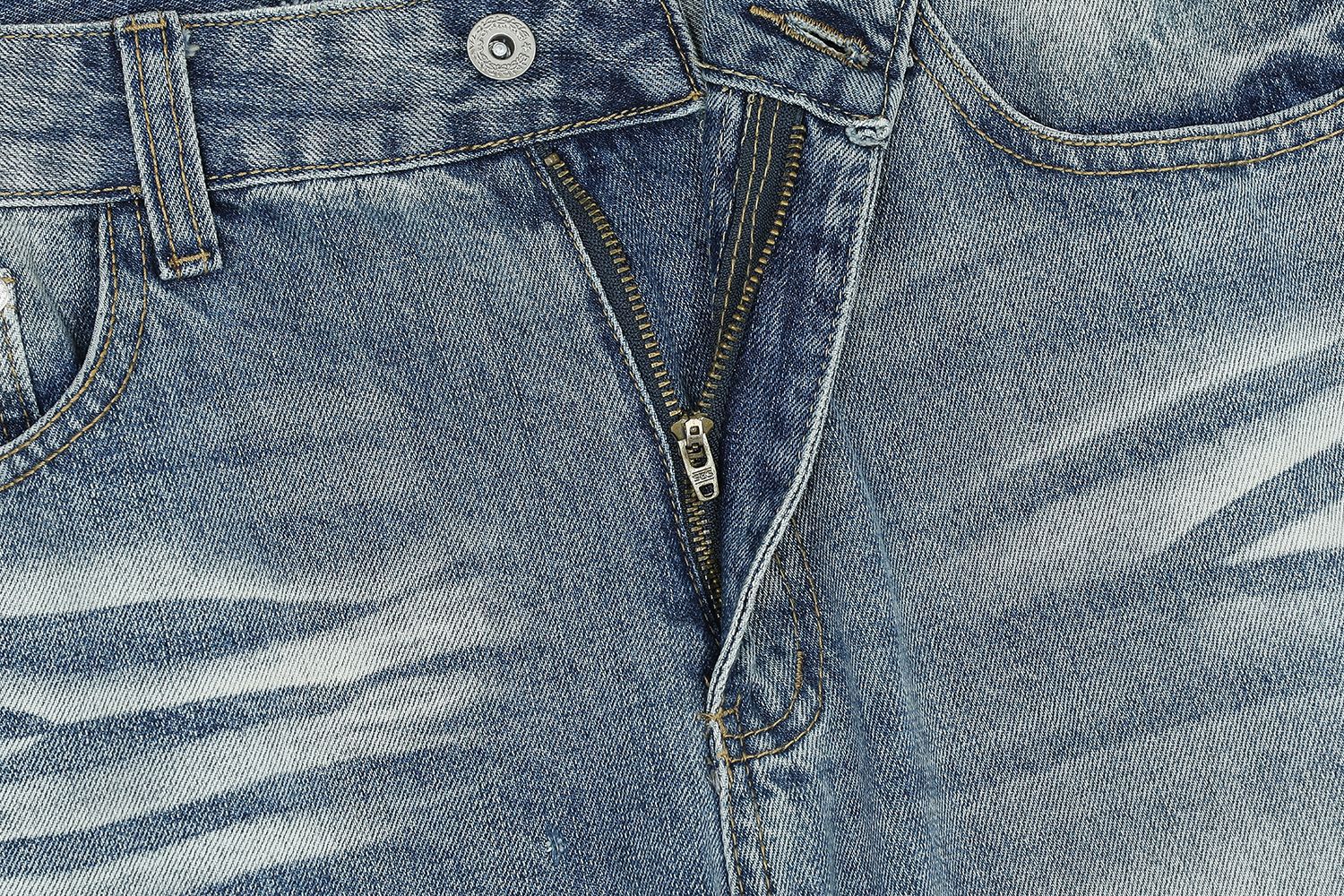 Vintage Street Cat-Whisker Pattern Loose Fit Men's Washed Blue Flared Jeans