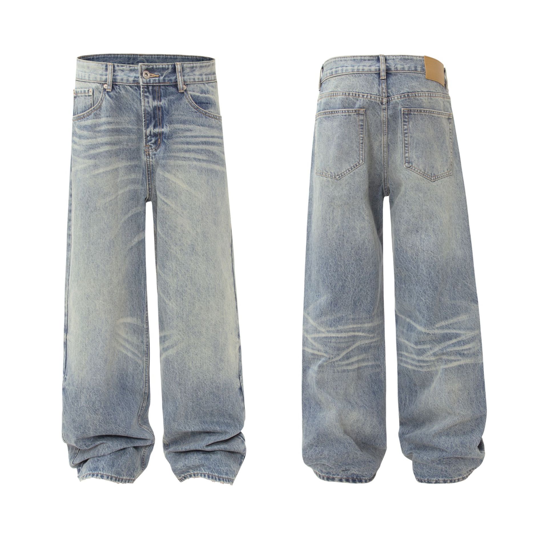 Street Style Unisex Vintage High-End Cat Whisker Washed Design Men's Loose Casual Jeans