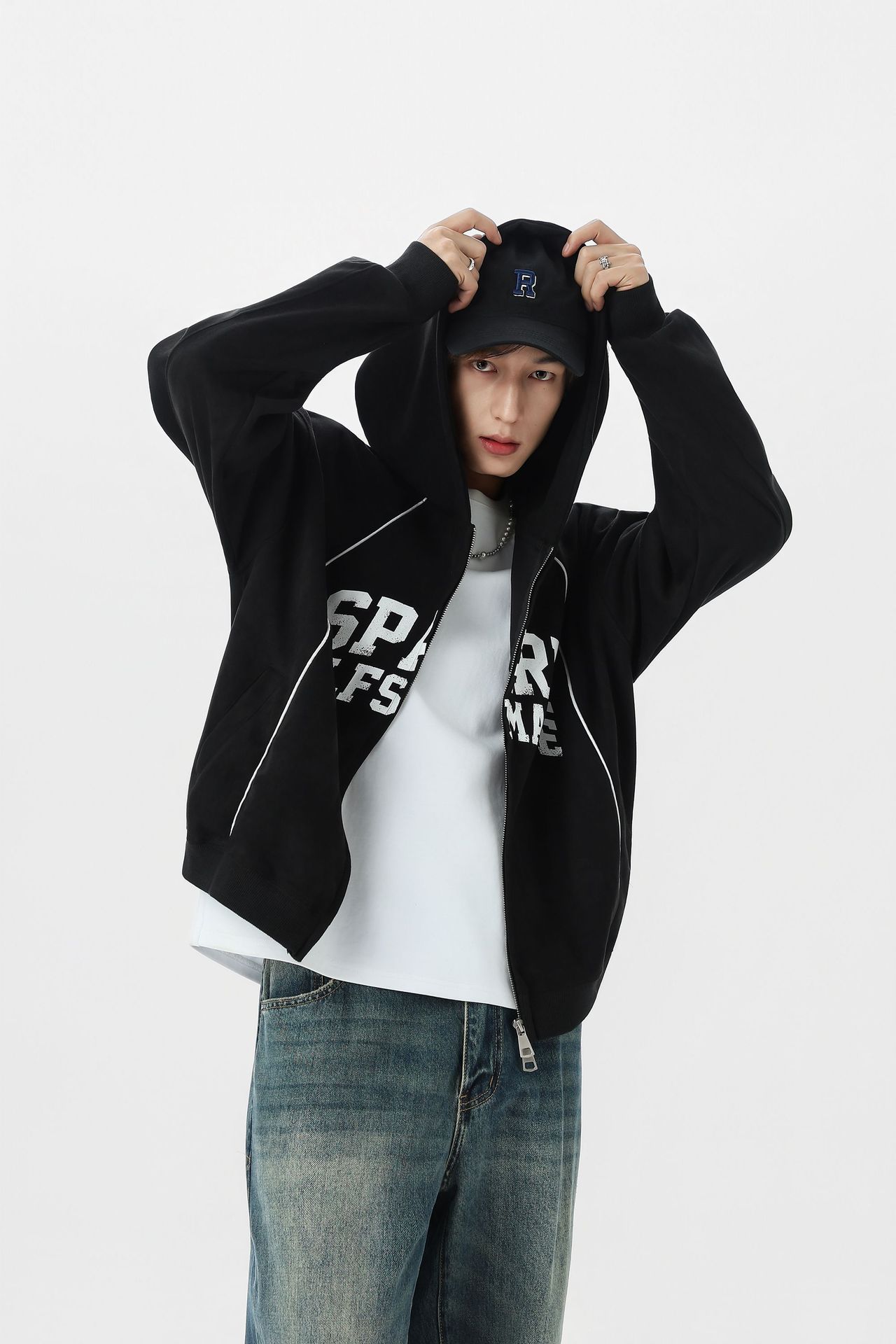 Streetwear Brushed Boxy Retro Geometric Hood Zipper Sweatshirt