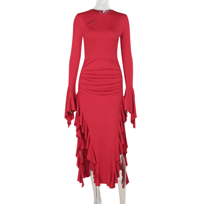 Round Neck Full Sleeve Polyester Cutout Dress