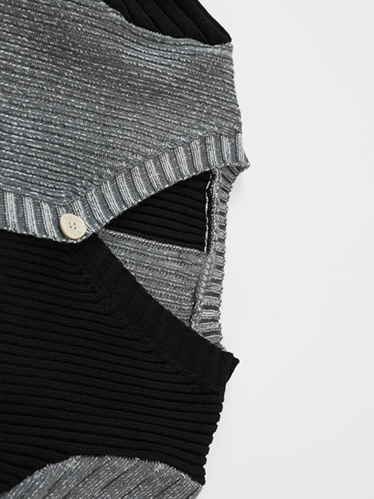 Black Color-block Short Knitting Cardigan Sweater V-Neck Long Sleeve Women New Fashion Trend Autumn Winter