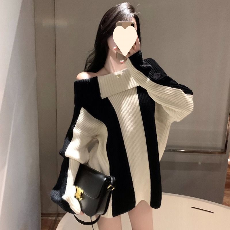 Ladies Oversized Two-Tone Asymmetric Acrylic Sweater