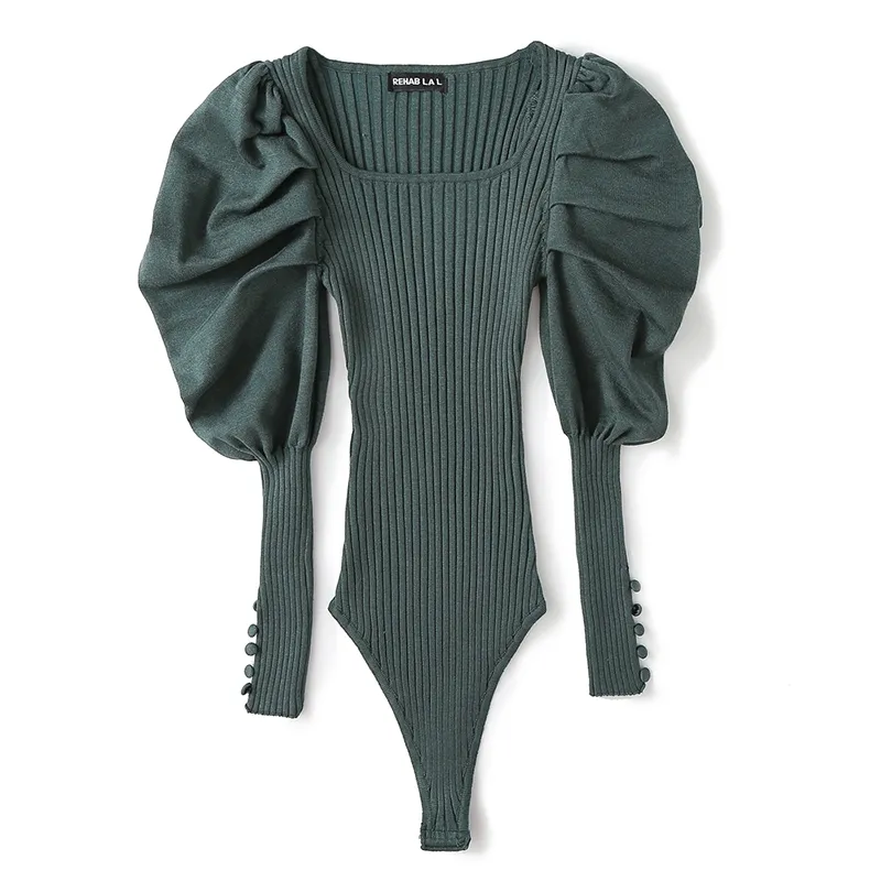 Ladies Knit Plain Geometric Neckline Puffy Sleeves Jumpsuit
