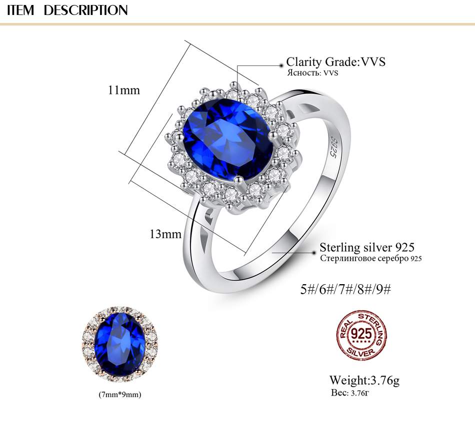 Princess Diana William Kate Gemstone Rings Sapphire Blue Wedding Engagement 925 Sterling Silver Finger Ring for Women