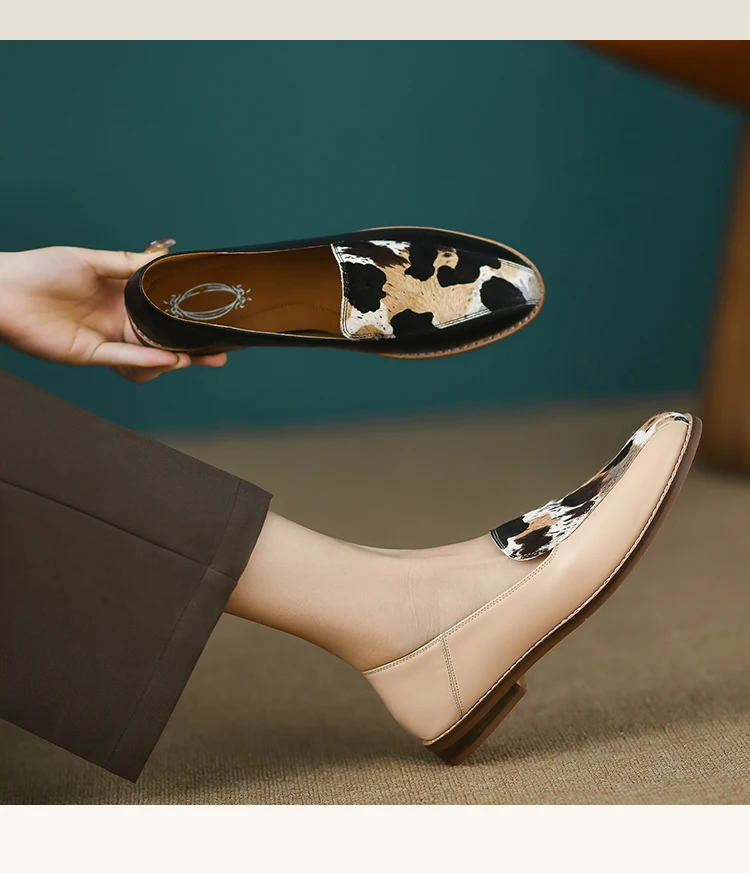 new Spring women pumps natural leather 22-24.5cm horsehair+cowhide mixed color loafers Leopard pattern women shoes