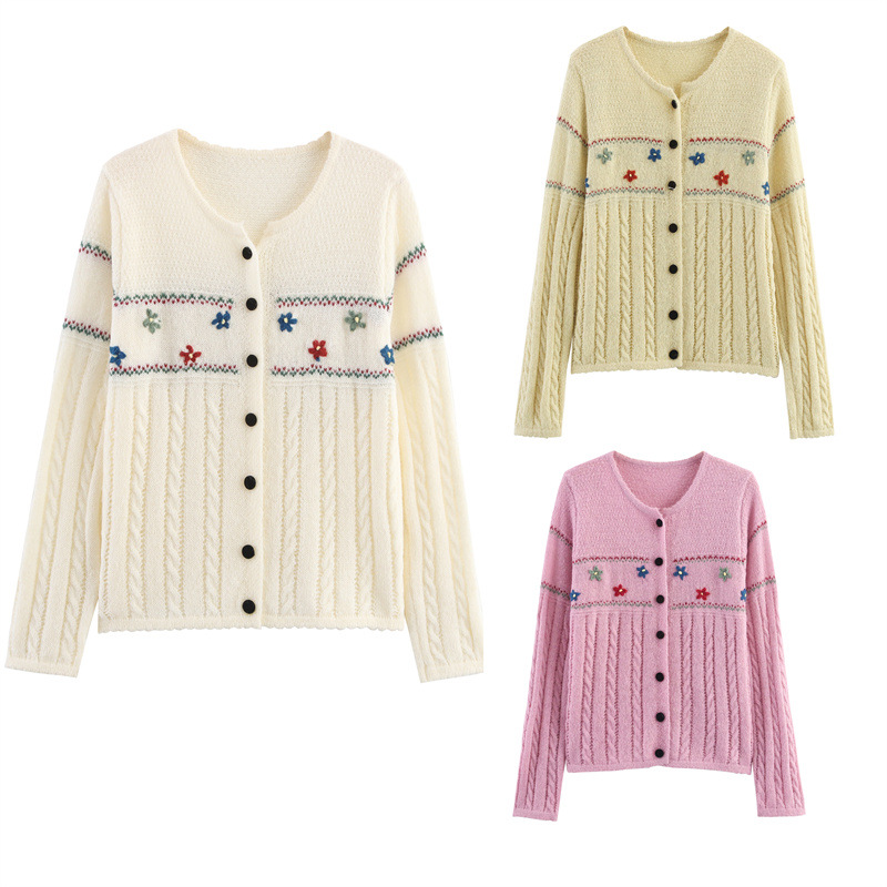 Relaxed Fit Full Arm Stitched Flower Cardigan