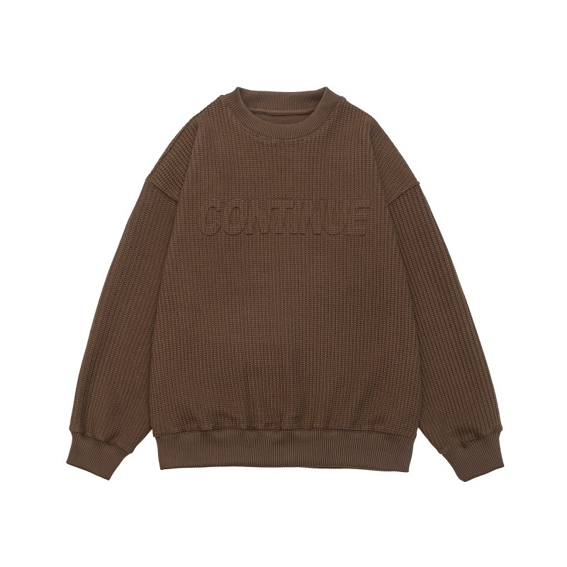 Solid color letter embossed round neck loose knit sweater