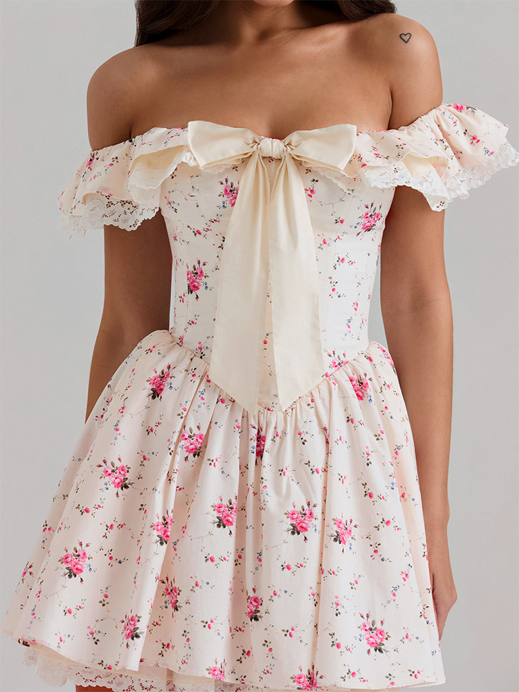 Asymmetrical Ribbon Flower Pattern Dress