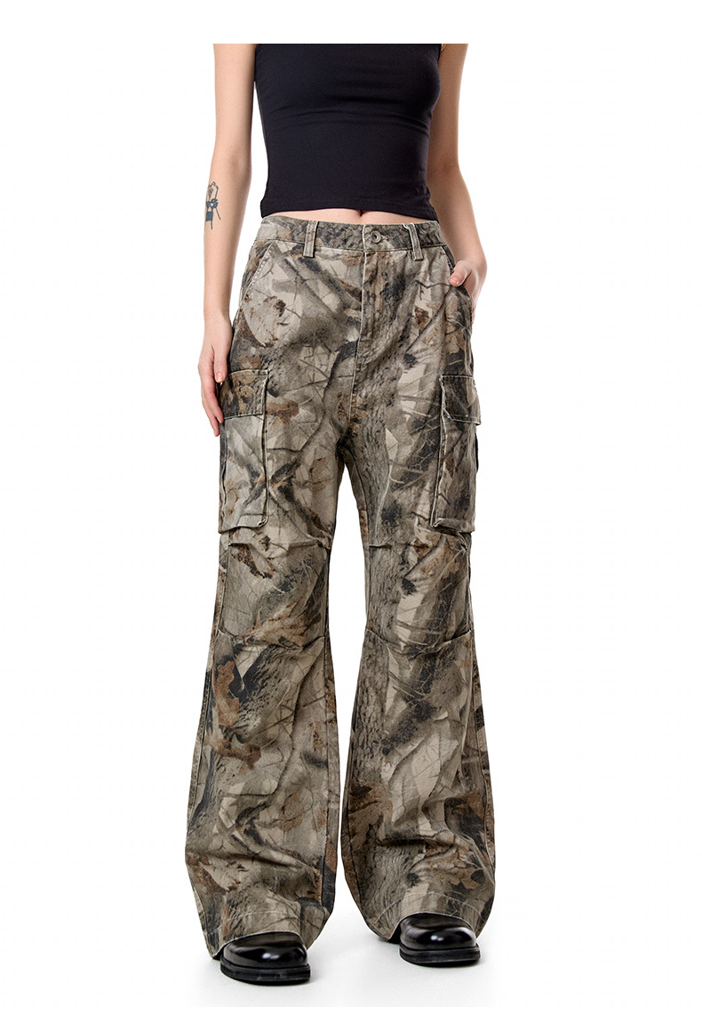 Distressed Camouflage Print Casual Pants Workwear Multi-Pocket Straight Loose Long Pants