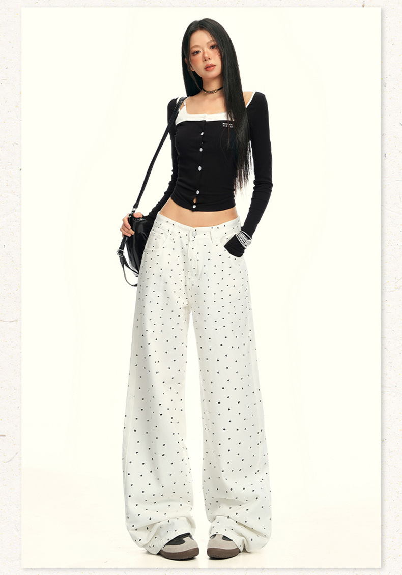 Women's Black and White Polka Dot Slimming Loose Straight Jeans High Waist Wide Leg Pants