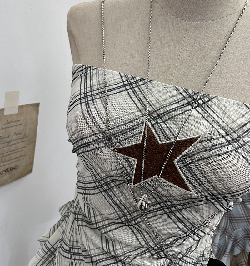 Sultry Asymmetric Plaid Mesh Strapless Top