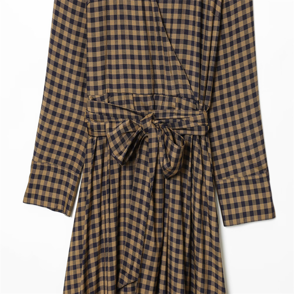 Collar long sleeved plaid waistband shirt dress for women