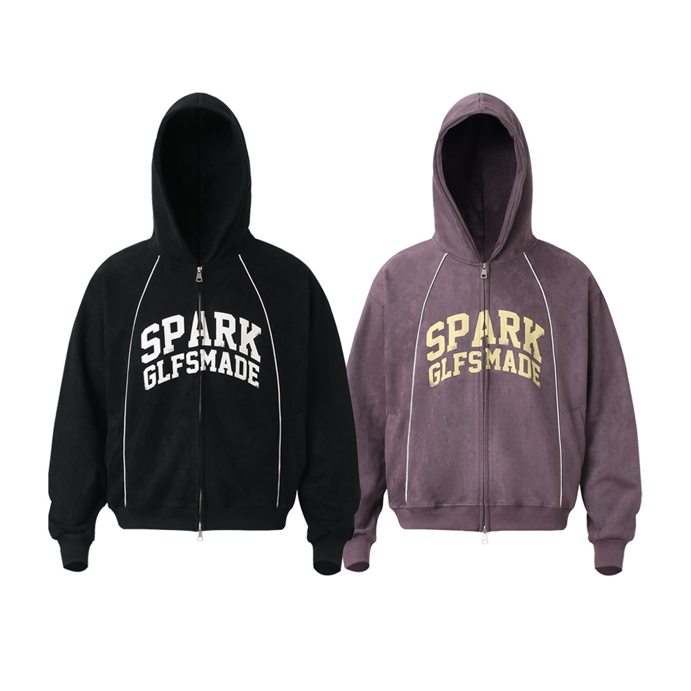 Streetwear Brushed Boxy Retro Geometric Hood Zipper Sweatshirt