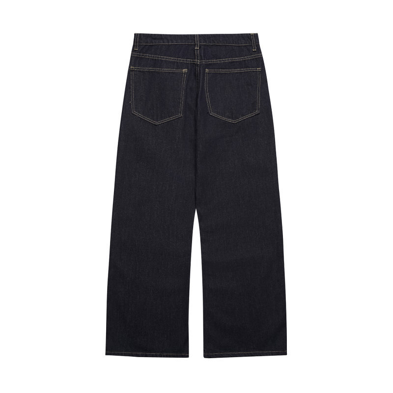 Washed Denim Blue Jeans Loose Straight Leg Slightly Flared Long Pants