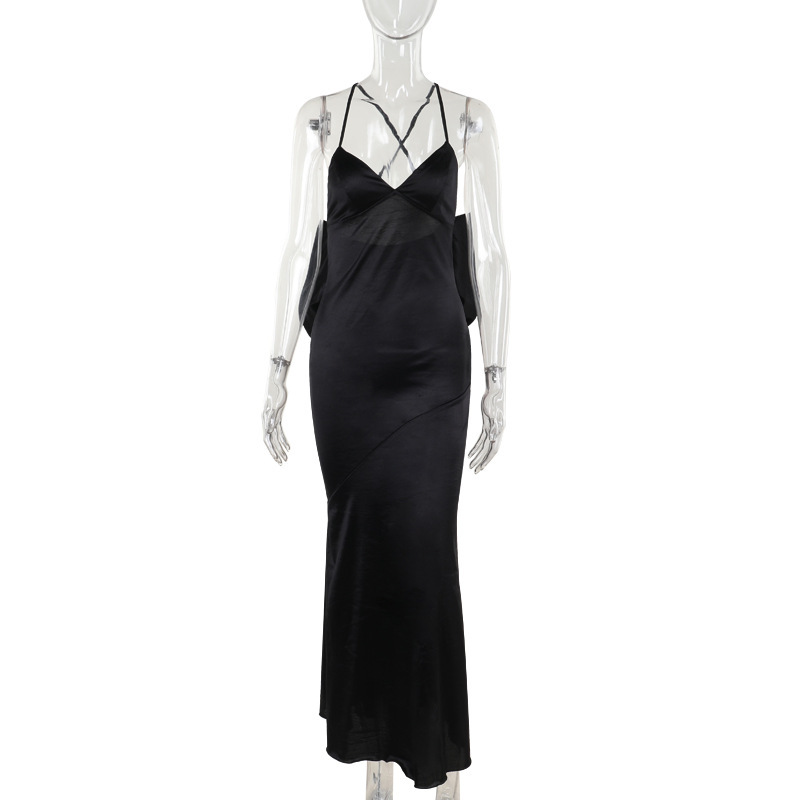 Spaghetti Strap V-Neck Ribbon Tie Dress
