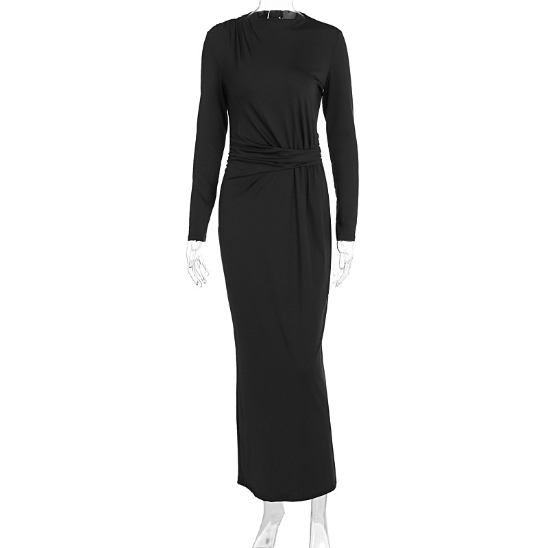 Round Neck Sleek Ruched Polyester Dress