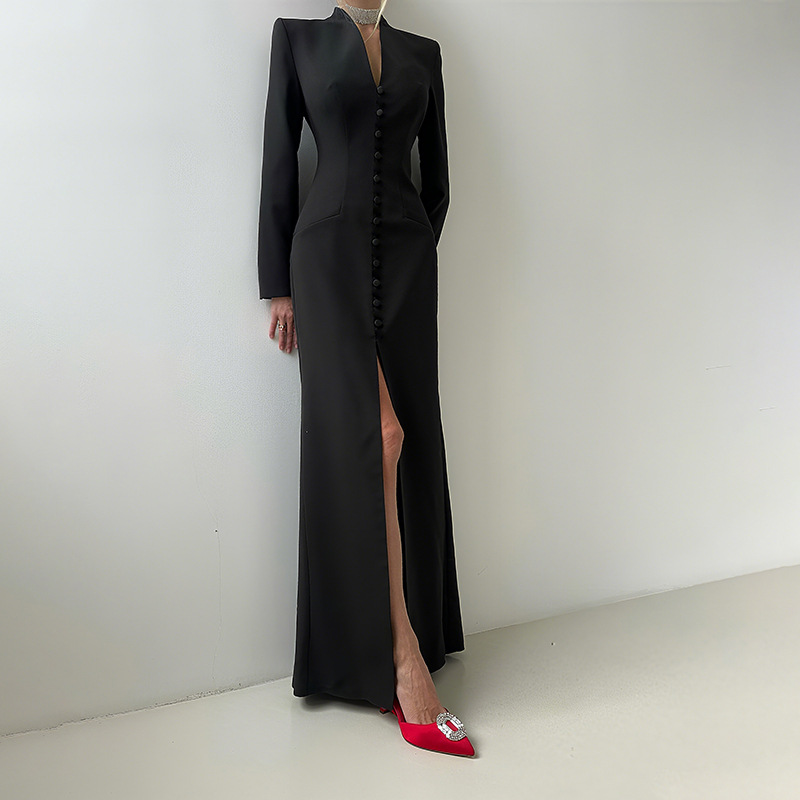 Plunging Neckline Long Sleeve Cinched Torso Vented Dress