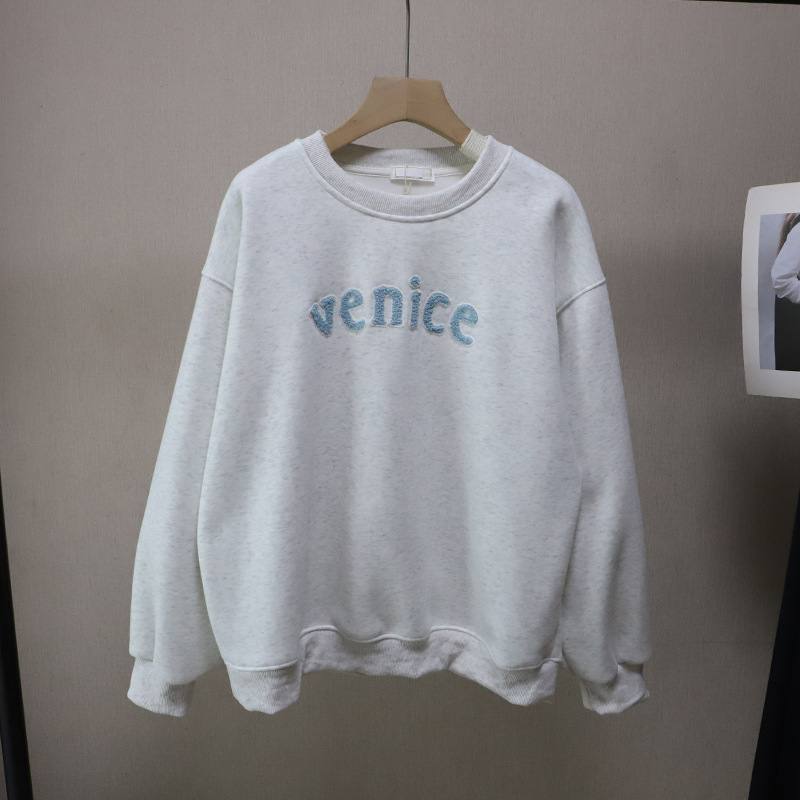 Letter Towel Embroidery Fleece Lined Thick Loose Casual Hoodie for Women