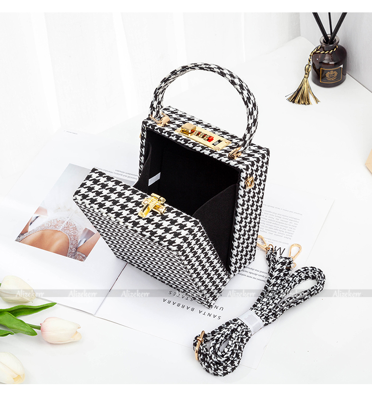 With Code Lock Houndstooth Box Shoulder Bag New Elegant Korean Purses And Handbags Female Big Square Crossbody Retro Bag