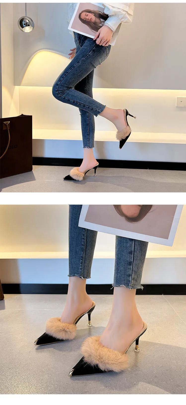 Women High Heel Shoes Fur Slippers Mules Pointed Toe Furry Slides Fashion Elegant Luxury Designer Flip Flops Office Pumps