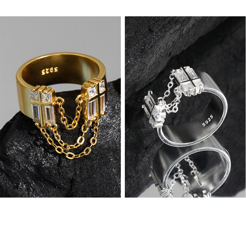 Niche design simple cold style zircon chain tassel texture S925 sterling silver ring for women