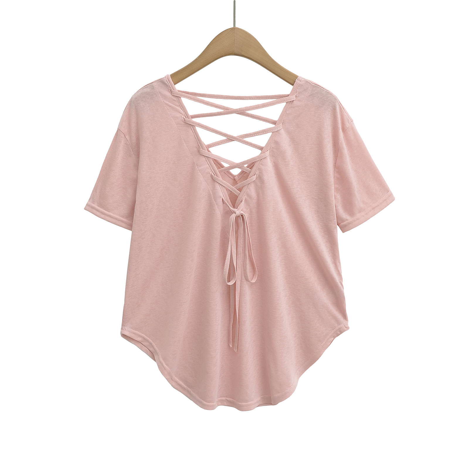 Tie Rope V-Neck Short Sleeve Loose Casual T-Shirt