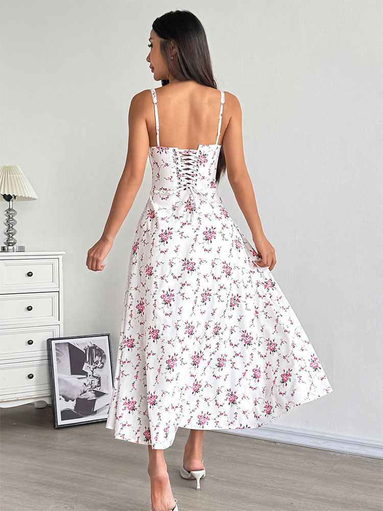 Ladies Patterned V-Neck Bare Shoulder Fitted Maxi Dress