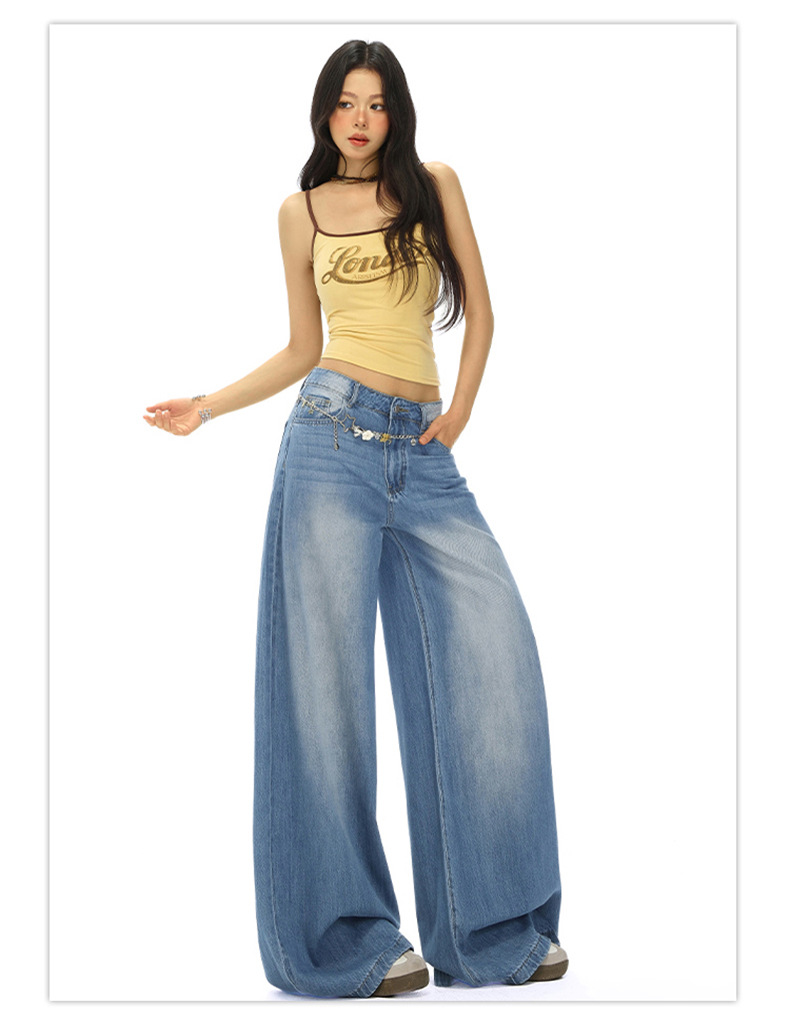 Light Blue High-Waisted Loose Fit Wide-Leg Jeans for Women, Casual Floor-Length Straight Leg Pants