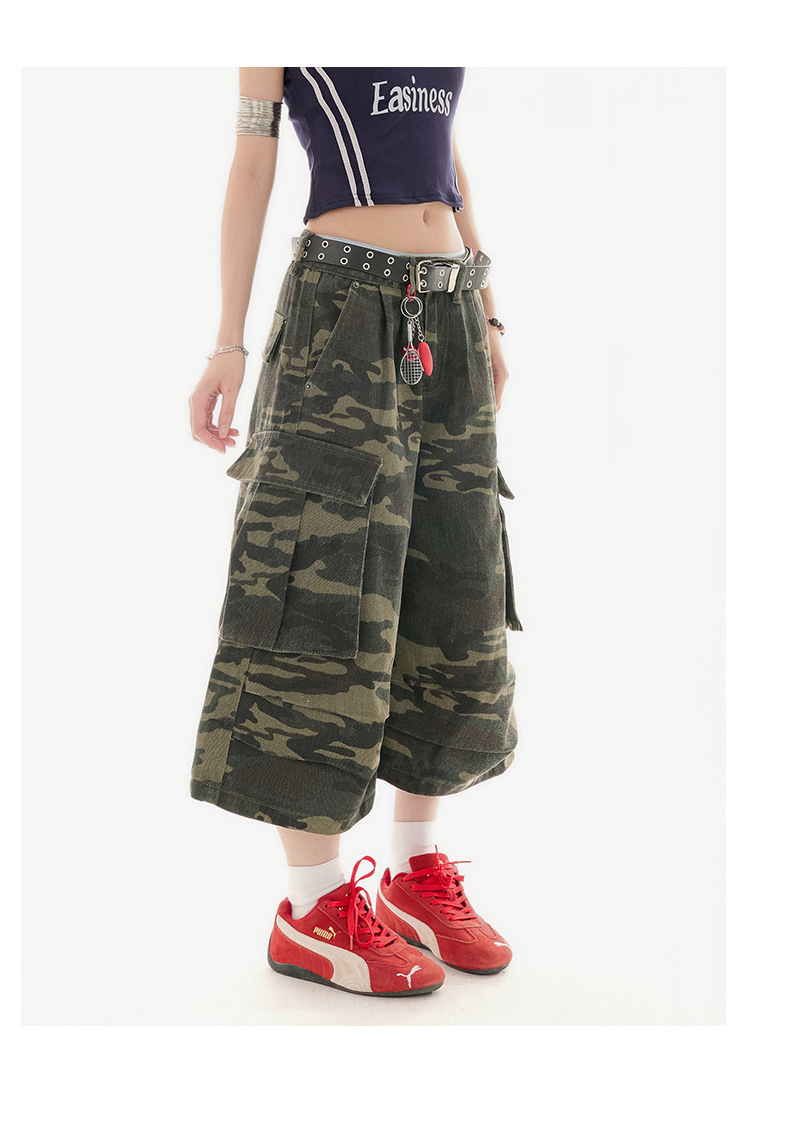 Women's Camouflage Cargo Capri Pants Slim Wide Leg Denim Trousers