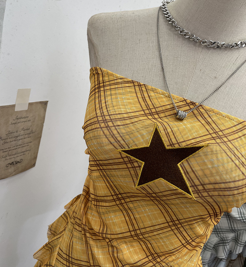 Sultry Asymmetric Plaid Mesh Strapless Top