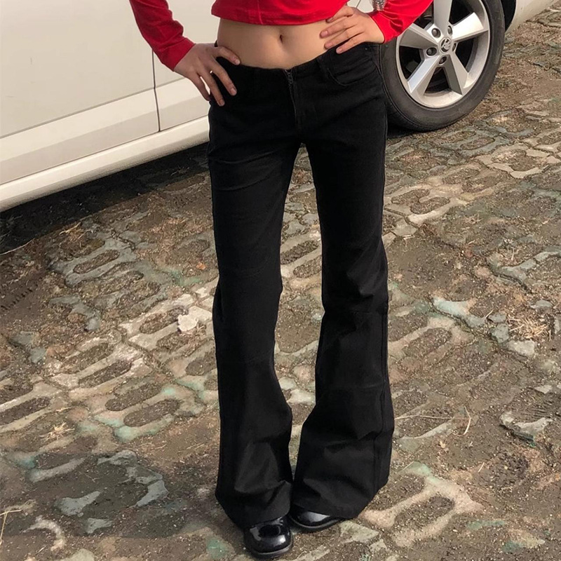 Retro trendy solid color horn low waist zipper denim pants