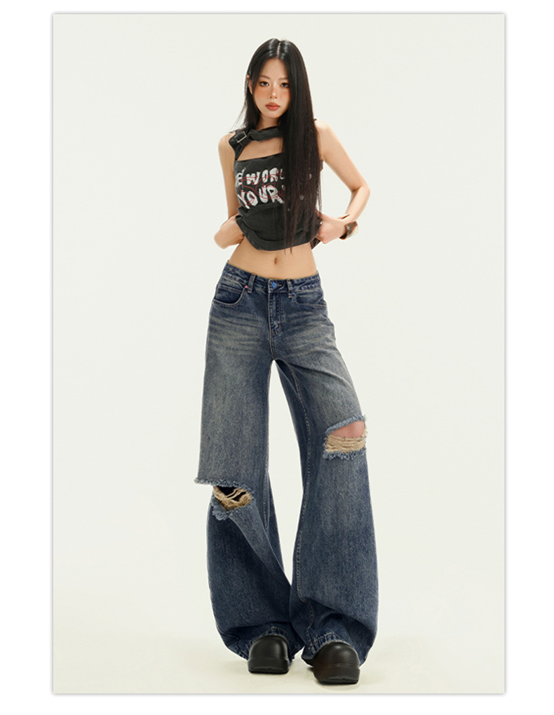 Women's Pocket Print High Waist Wide Leg Pants Summer Loose Slimming Distressed Denim Trousers